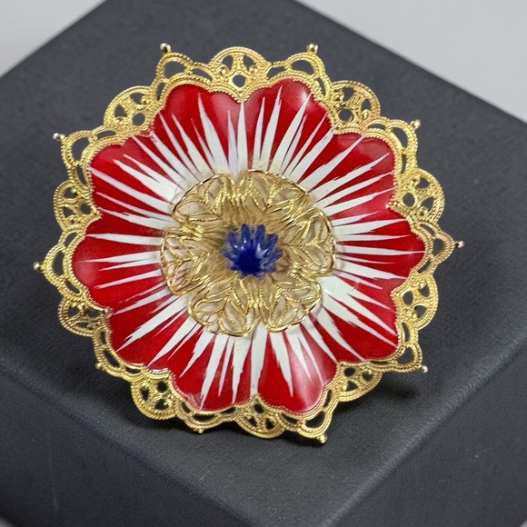 Jewelry - RARE Vintage Gold Floral Enamel Filigree Brooch - Red & White with Navy Center
